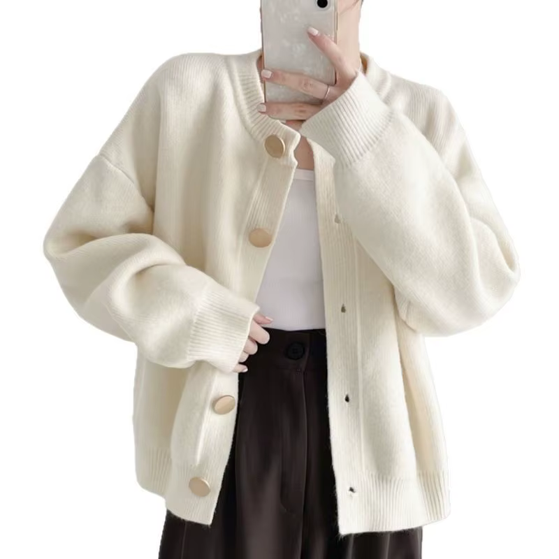 Pull pour femme, idéal pour l’automne et l’hiver, à boutons, de couleur unie, pull en tricot pour étudiantes, cardigan ample pour femme, haut à col rond.