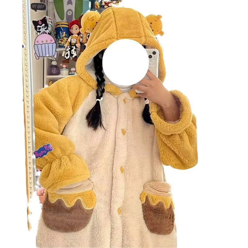 Bear-Robe pyjama à capuche en peluche pour femme, peignoir chaud, chemise de nuit douce, vêtements pour la maison, mode féminine, glouton, nouveau