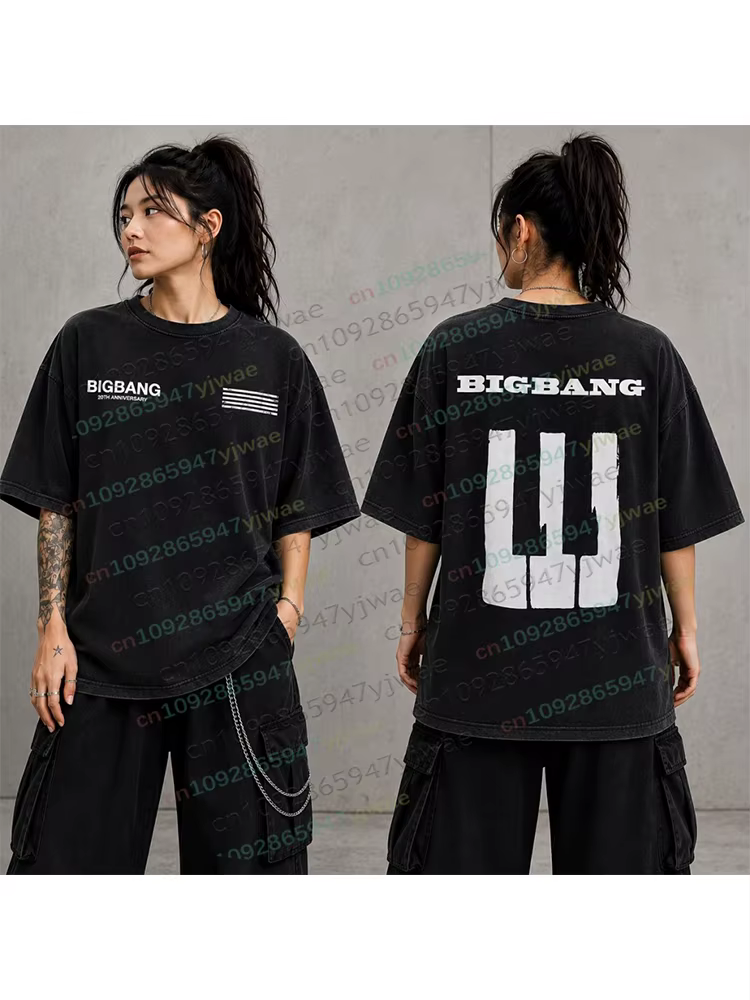 T-shirt en coton délavé vintage BIGBANG 20e anniversaire, t-shirt de concert Kpop, cadeau unisexe pour les fans, streetwear G-Dragon, hauts de plage pour femmes et hommes