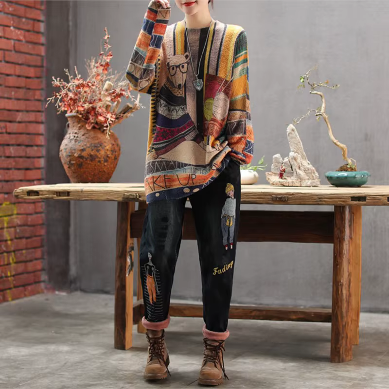 Pull-over ample en tricot pour femme, collection Printemps-Automne 2019, nouveau modèle, col rond, imprimé motif, décontracté et polyvalent