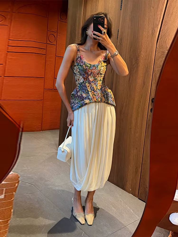 Top Corset Chic à Imprimé Floral, Bretelles Fines, Col en U, Taille Structurée, Ourlet Pointu, Style Vintage, Collection Printemps-Été 2026, Idéal pour les Vacances