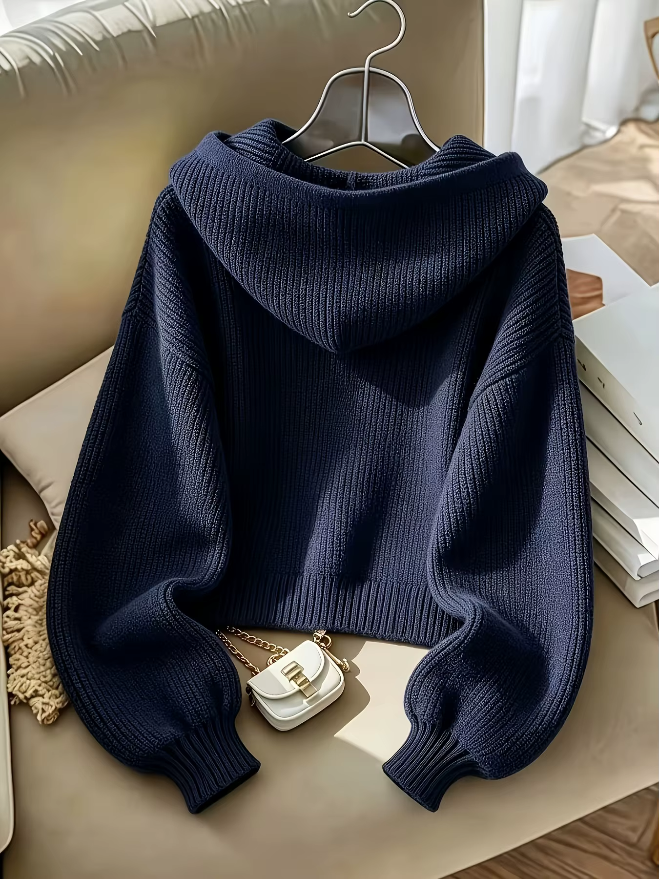 Pull en maille à capuche zippé pour femme, nouvelle collection automne-hiver 2026, coupe ample décontractée, manches lanternes, sweat à capuche doux en maille pour un usage quotidien