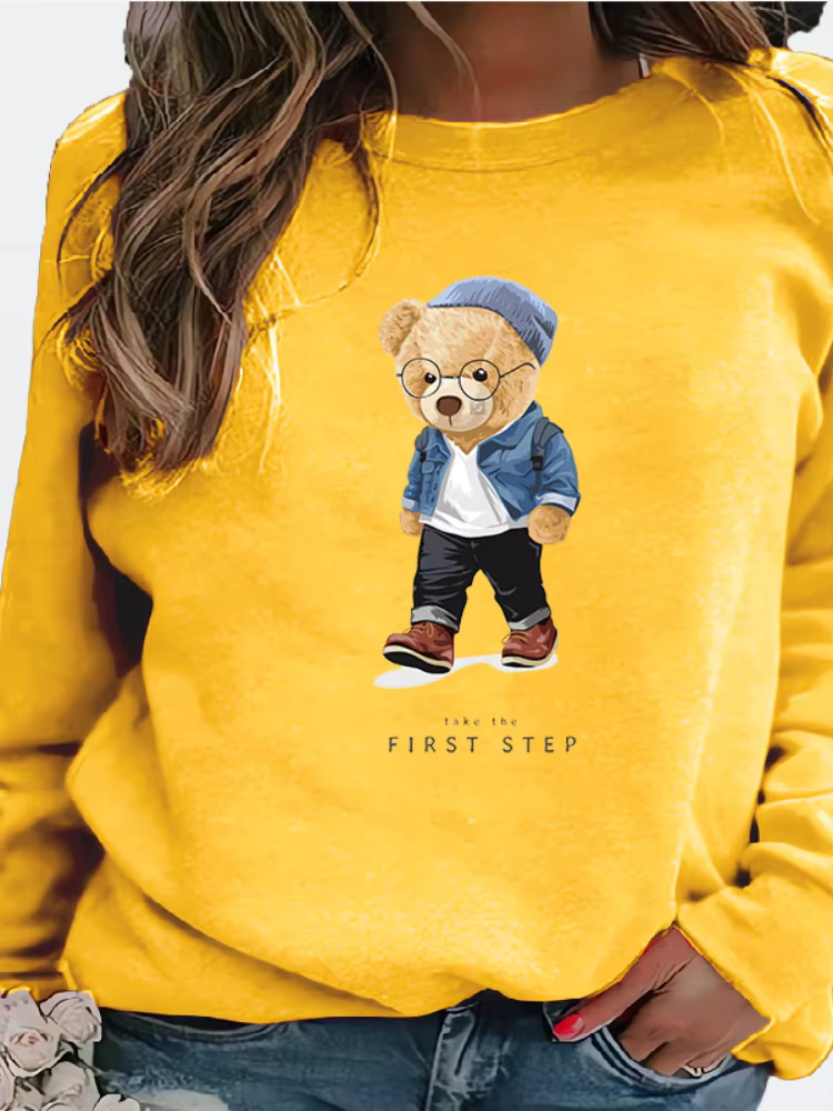Sweat à capuche à col rond imprimé ours pour femmes, Streetwear décontracté à la mode, haut de Style européen et américain