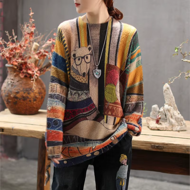 Pull-over ample en tricot pour femme, collection Printemps-Automne 2019, nouveau modèle, col rond, imprimé motif, décontracté et polyvalent