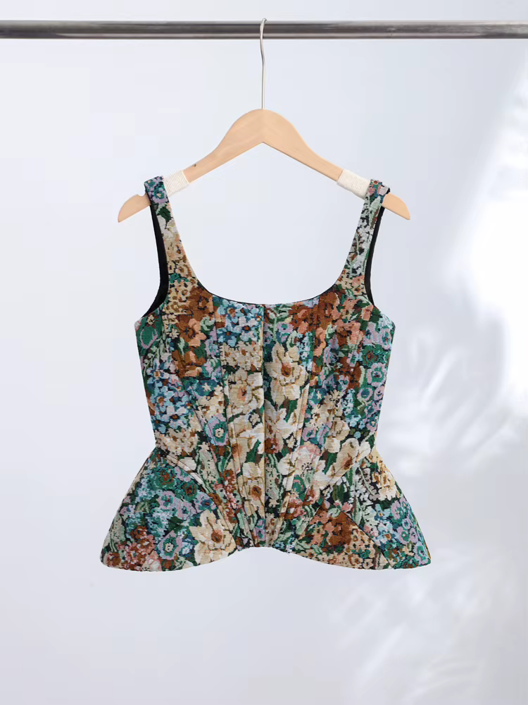 Top Corset Chic à Imprimé Floral, Bretelles Fines, Col en U, Taille Structurée, Ourlet Pointu, Style Vintage, Collection Printemps-Été 2026, Idéal pour les Vacances