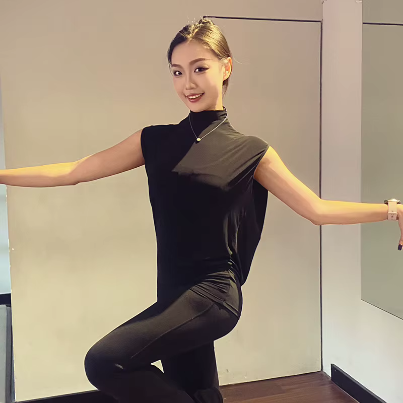 Hauts de danse latine amples pour femmes, sans manches, col haut noir, vêtements de danse pour enseignant, vêtements d'entraînement de danse latine pour adultes DNV25319