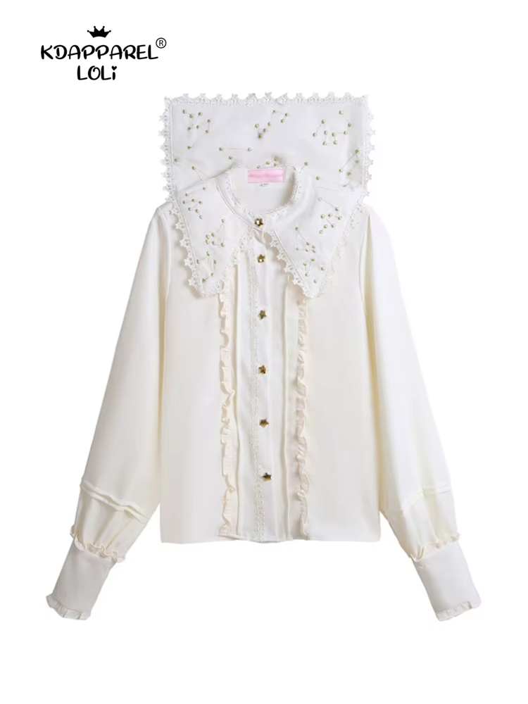 Chemisier Lolita Brodé Vintage pour Femme, en Dentelle, Manches sulfÉvasées, en Mousseline de Soie, à Volants, Gothique, Rouge, Noir, Blanc