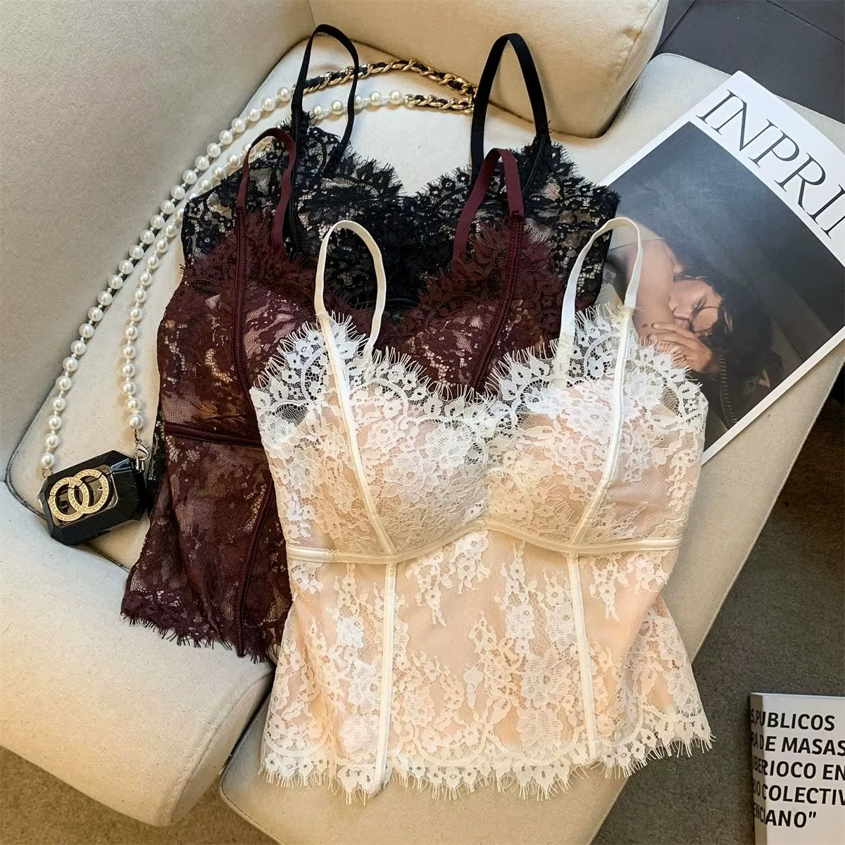 Chemisier Femme Style Français en Dentelle, Décolleté Plongeant Sexy, Dos Nu, Bretelles Fines, Bonnets Fixes et Froncés
