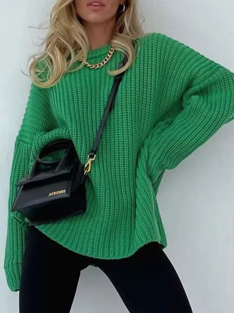 Pull pour femme 2026, mode automne et hiver, coupe ample, col rond, couleur unie, manches longues