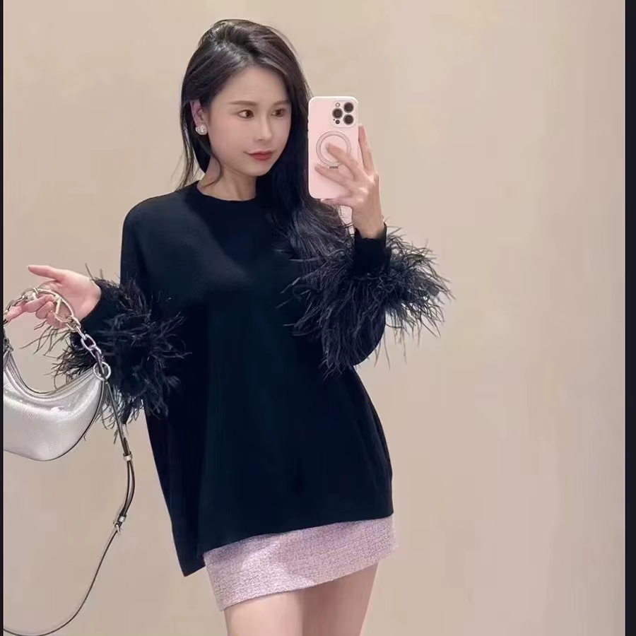Pull noir en plumes d'autruche pour femme, manches longues, col rond, tricoté, doux, haut d'automne