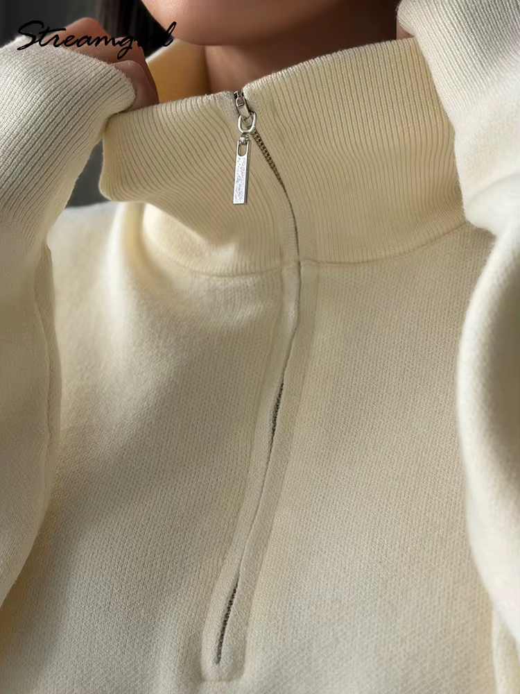 Pull-over zippé d'hiver pour femme, chaud, oversize, col roulé, pulls d'automne en maille marron, pulls rouges zippés pour femme, épais