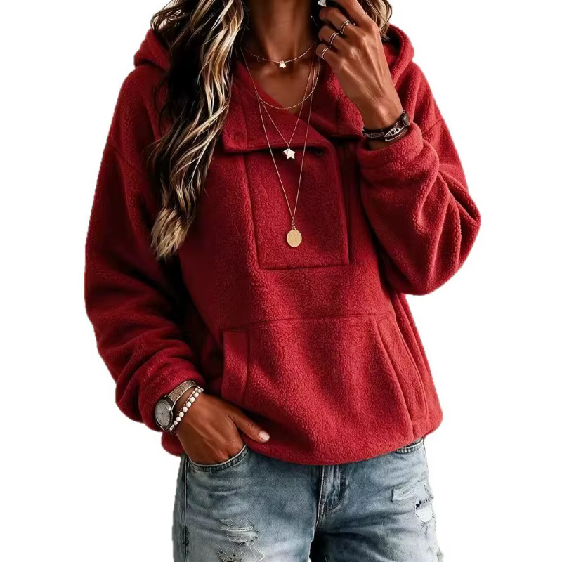 Sweat à capuche en polaire pour femme, pull uni à demi-boutons, manches longues, sweat chaud d'hiver