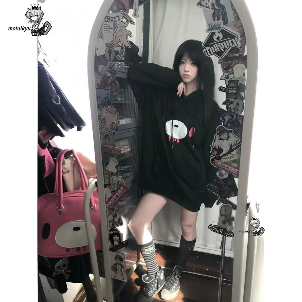 Sweat-shirt à capuche pour femme, motif Ours triste de dessin animé, style Y2K Gothique Harajuku, coupe oversize, à manches longues avec poches, streetwear décontracté