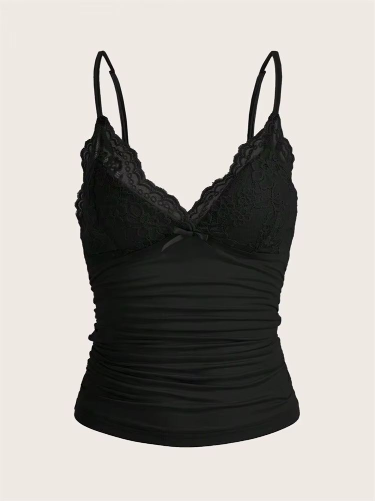 Haut court sexy en dentelle contrastante avec nœud sur le devant pour femme, collection été 2024, style grunge punk Y2K, t-shirt froncé moulant dos nu