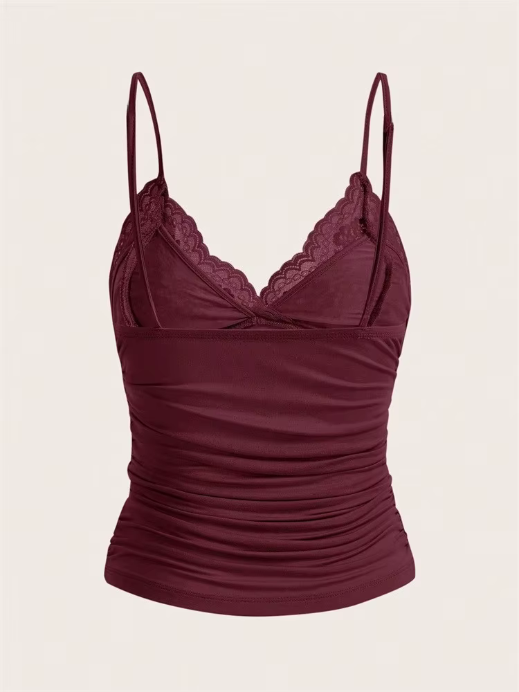 Haut court sexy en dentelle contrastante avec nœud sur le devant pour femme, collection été 2024, style grunge punk Y2K, t-shirt froncé moulant dos nu