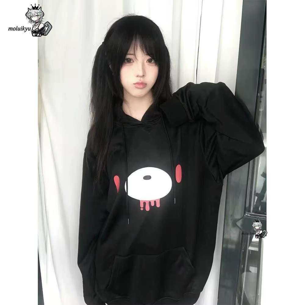 Sweat-shirt à capuche pour femme, motif Ours triste de dessin animé, style Y2K Gothique Harajuku, coupe oversize, à manches longues avec poches, streetwear décontracté