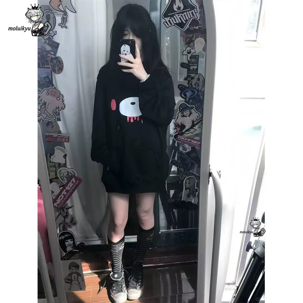 Sweat-shirt à capuche pour femme, motif Ours triste de dessin animé, style Y2K Gothique Harajuku, coupe oversize, à manches longues avec poches, streetwear décontracté