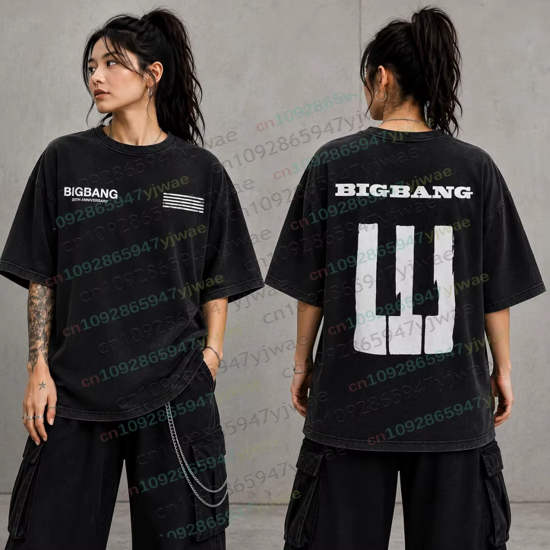 T-shirt en coton délavé vintage BIGBANG 20e anniversaire, t-shirt de concert Kpop, cadeau unisexe pour les fans, streetwear G-Dragon, hauts de plage pour femmes et hommes
