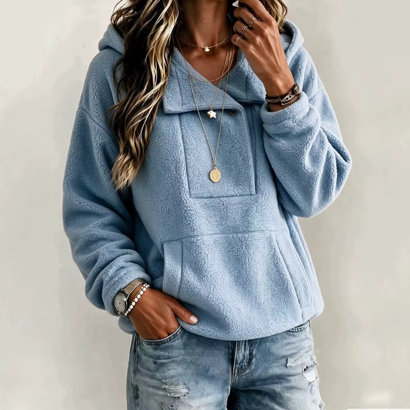 Sweat à capuche en polaire pour femme, pull uni à demi-boutons, manches longues, sweat chaud d'hiver
